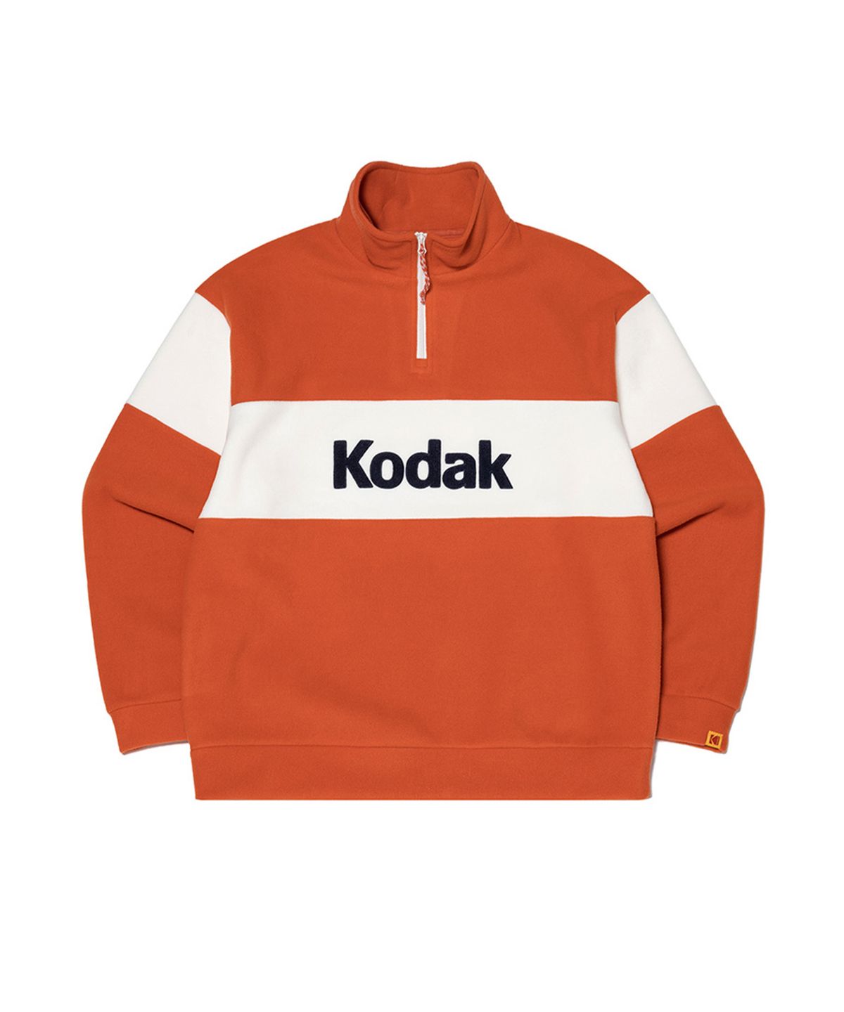 코닥(KODAK) 빅로고 블록 마이크로플리스 세미오버핏 반집업 맨투맨 ORANGE