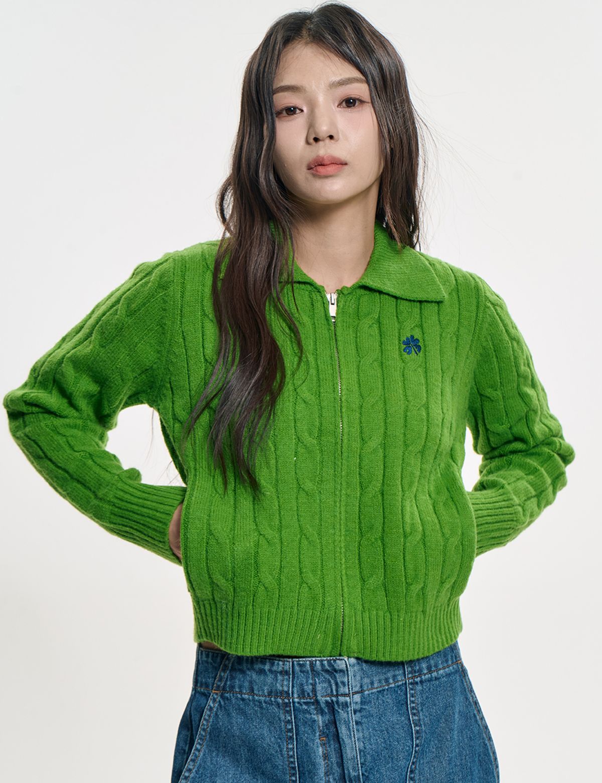 클레버필드(CLEVER FIELD) 집업 카라 케이블 가디건_올리브