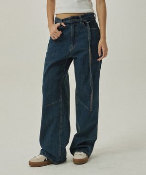 파번 7528 벨티드 와이드핏 미디움인디고 데님팬츠