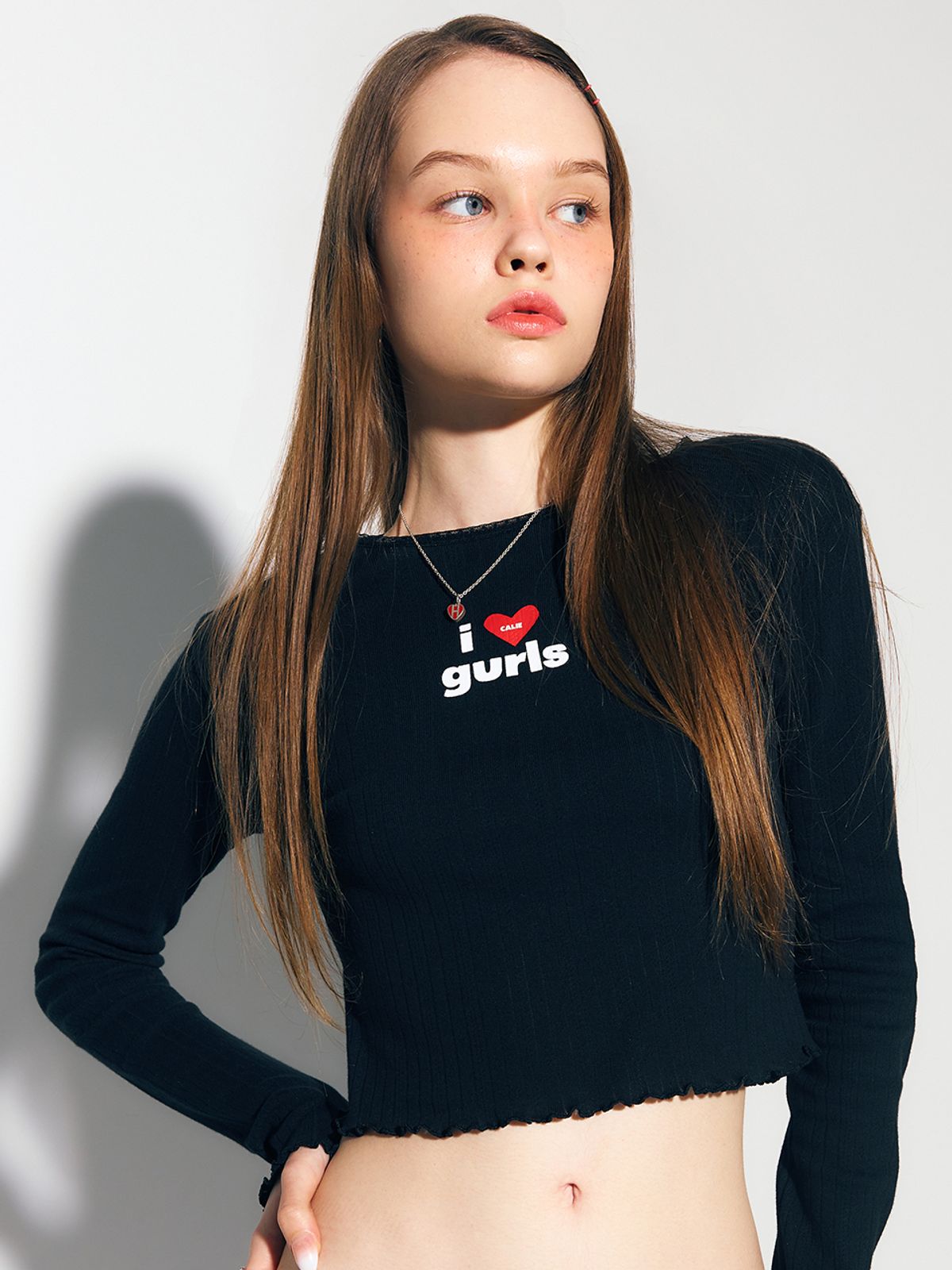 에즈이프 캘리(ASIF CALIE) GURLS CROP LACE LONG SLEEVE T-SHIRT BLACK