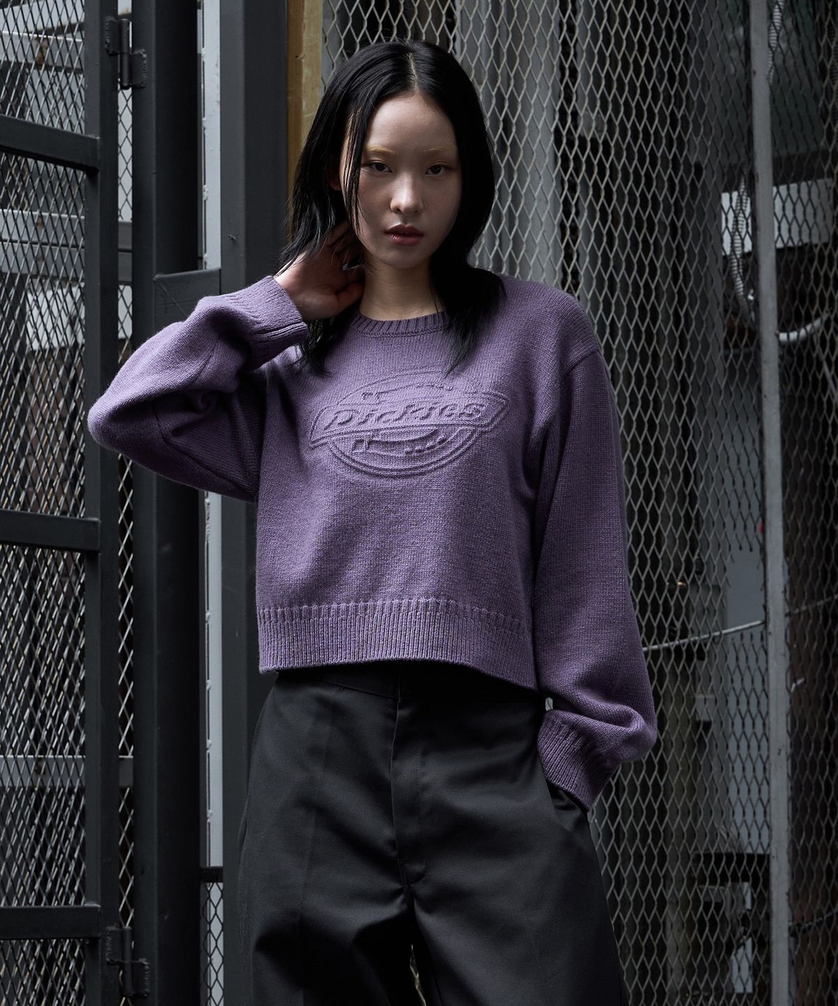 디키즈(DICKIES) 엠보스드 로고 풀오버 크롭 니트 Purple