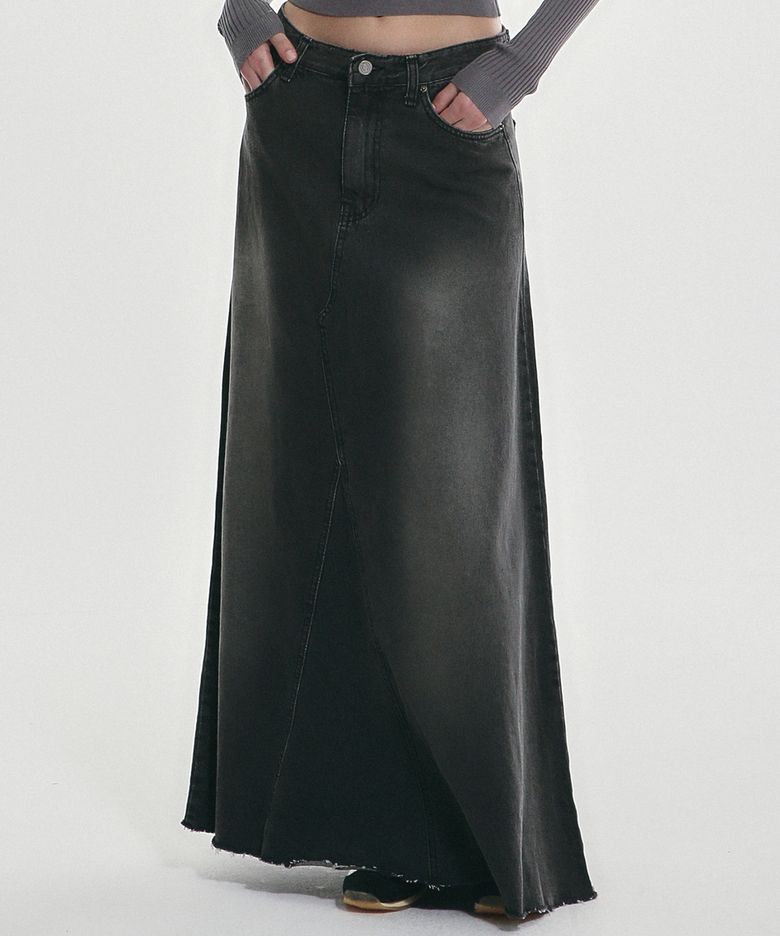 MAXI WASHING DENIM SKIRT_BLACK