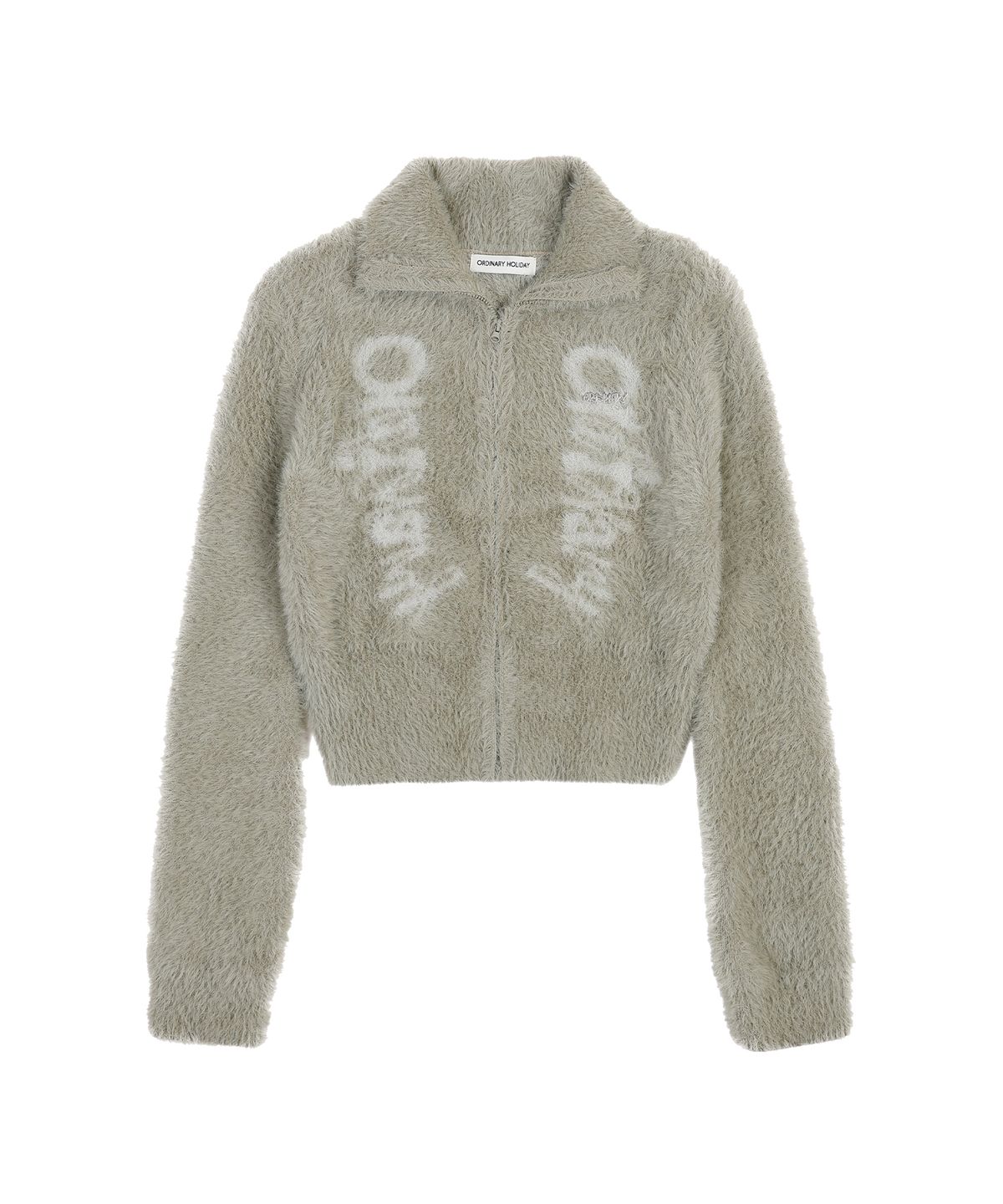 오디너리 홀리데이(ORDINARY HOLIDAY) HAIRY LOGO ZIP-UP CARDIGAN [GRAY]