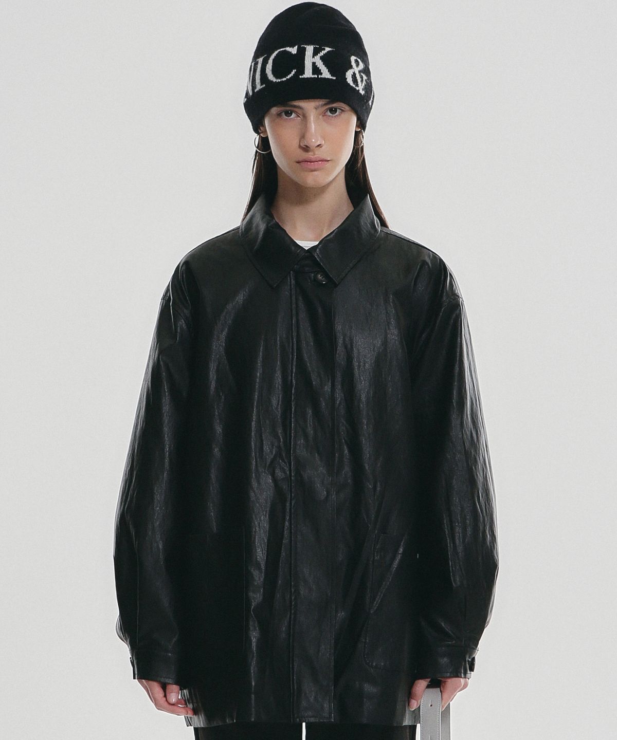 닉앤니콜(NICK&NICOLE) HIDDEN BUTTON MIDI LEATHER JACKET_BLACK
