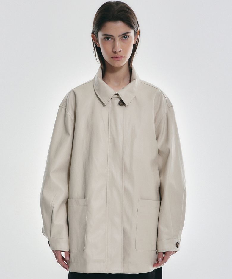 HIDDEN BUTTON MIDI LEATHER JACKET_CREAM