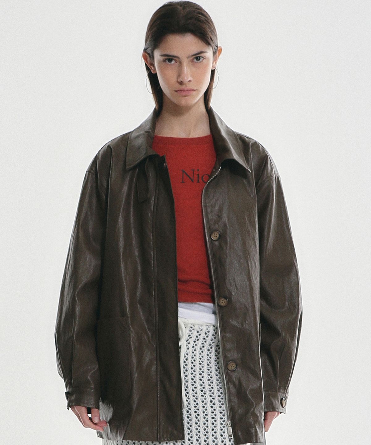 닉앤니콜(NICK&NICOLE) HIDDEN BUTTON MIDI LEATHER JACKET_BROWN