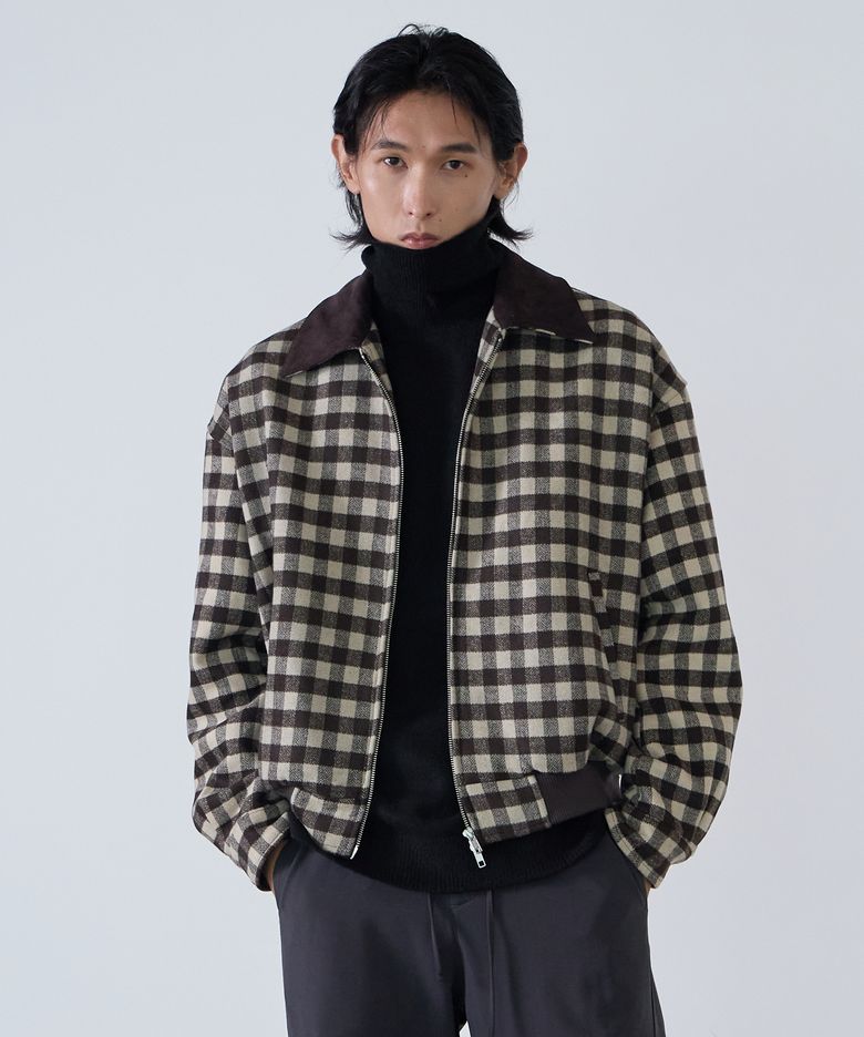 코듀로이 칼라 울 블루종 브라운 체크