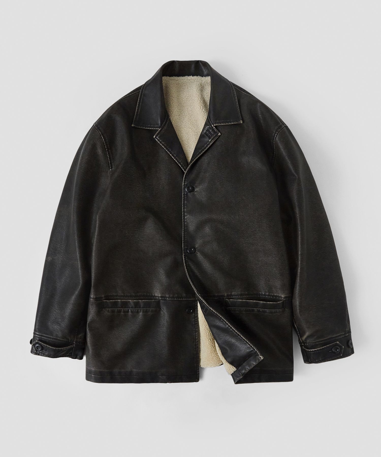 MUSINSA | LAFUDGESTORE Washed Leather Mustang Half Jacket_Black