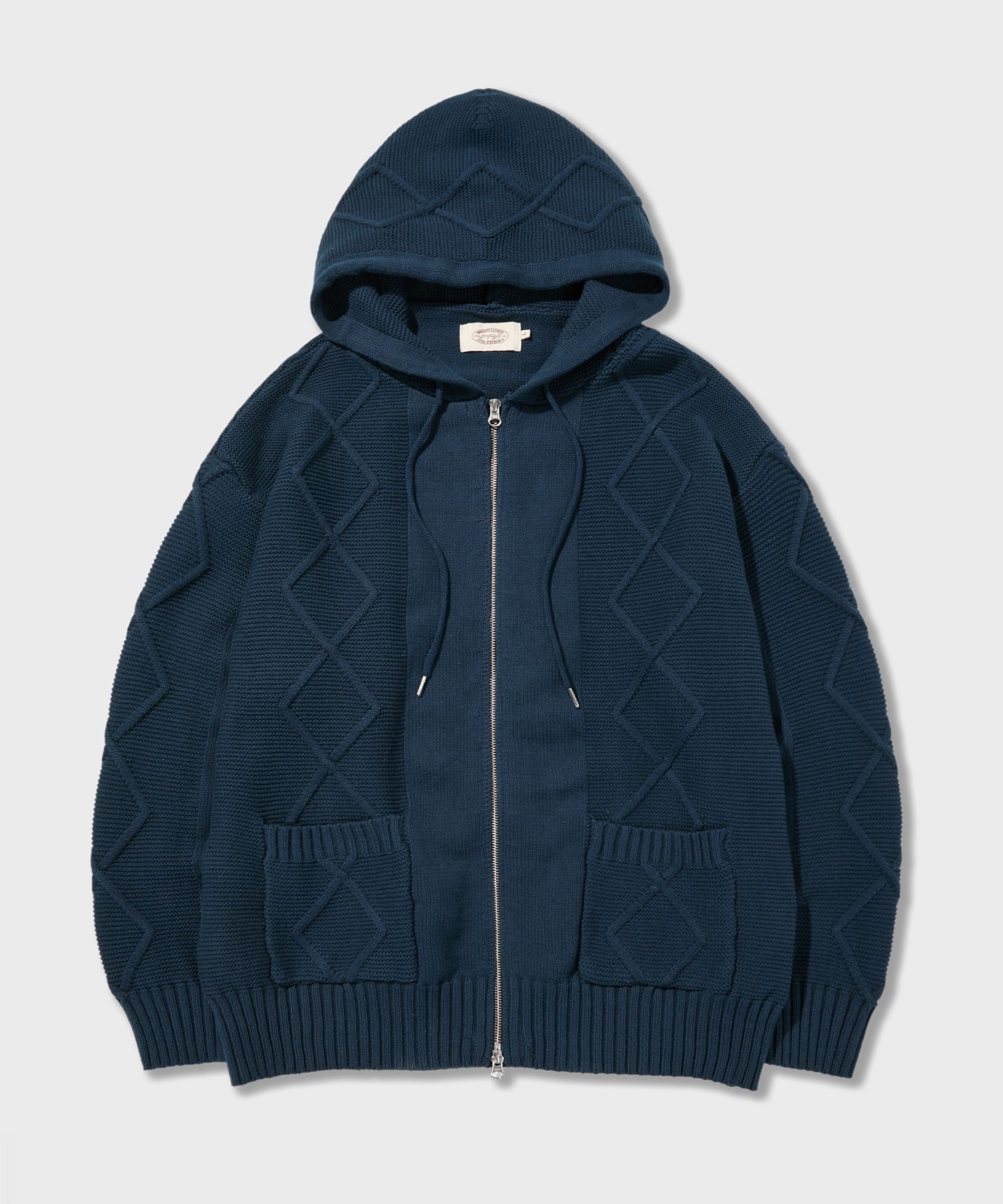 MUSINSA AMFEAST Bold Cable Cotton Knit Zip-Up Hoodie Navy