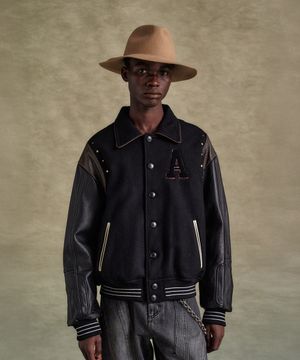 A 패치 울 & 레더 바시티 자켓 awa691m(BLACK)