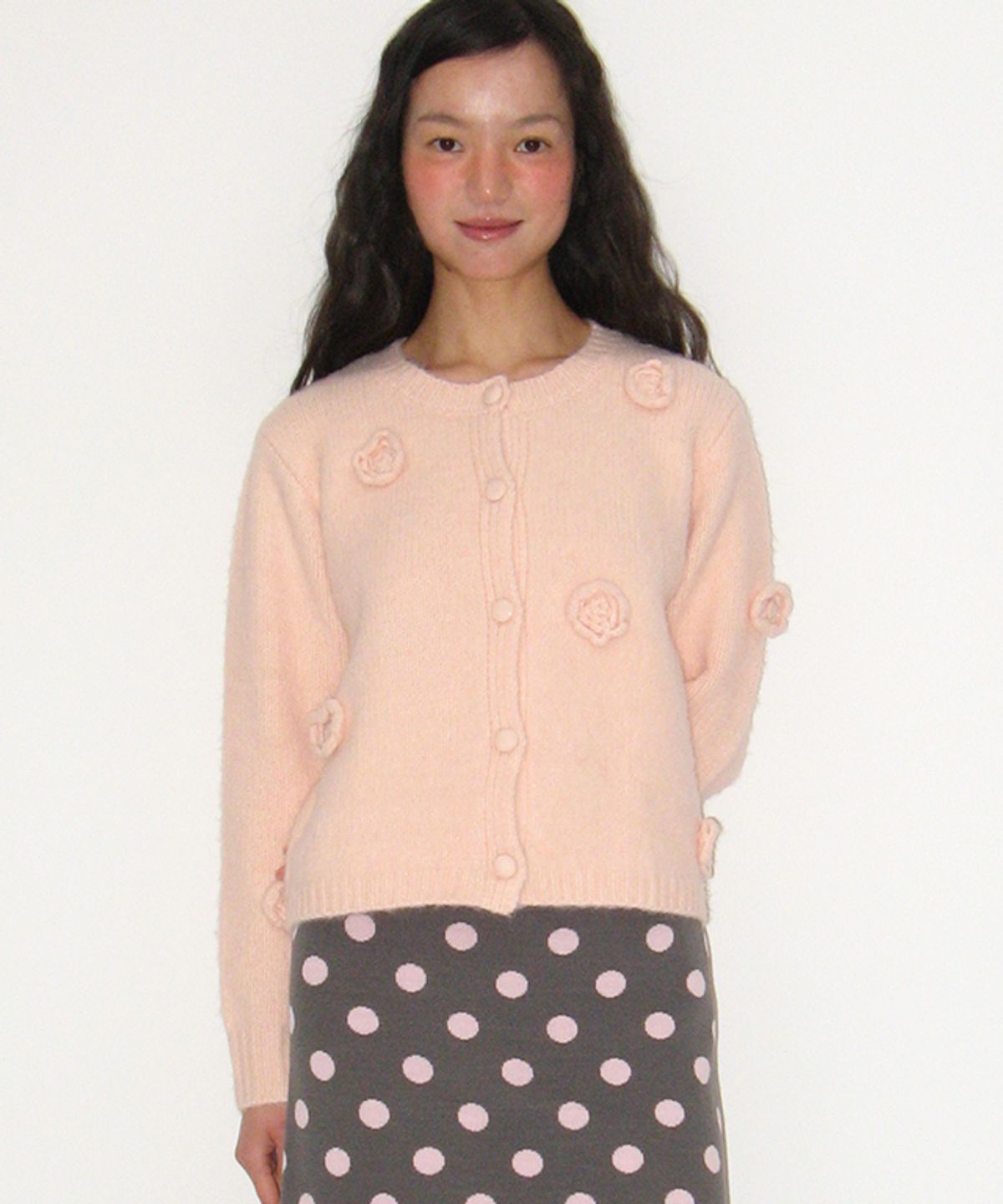 론론(RONRON) VINTAGE FLOWER HANDMADE KNIT CARDIGAN SOFT PINK