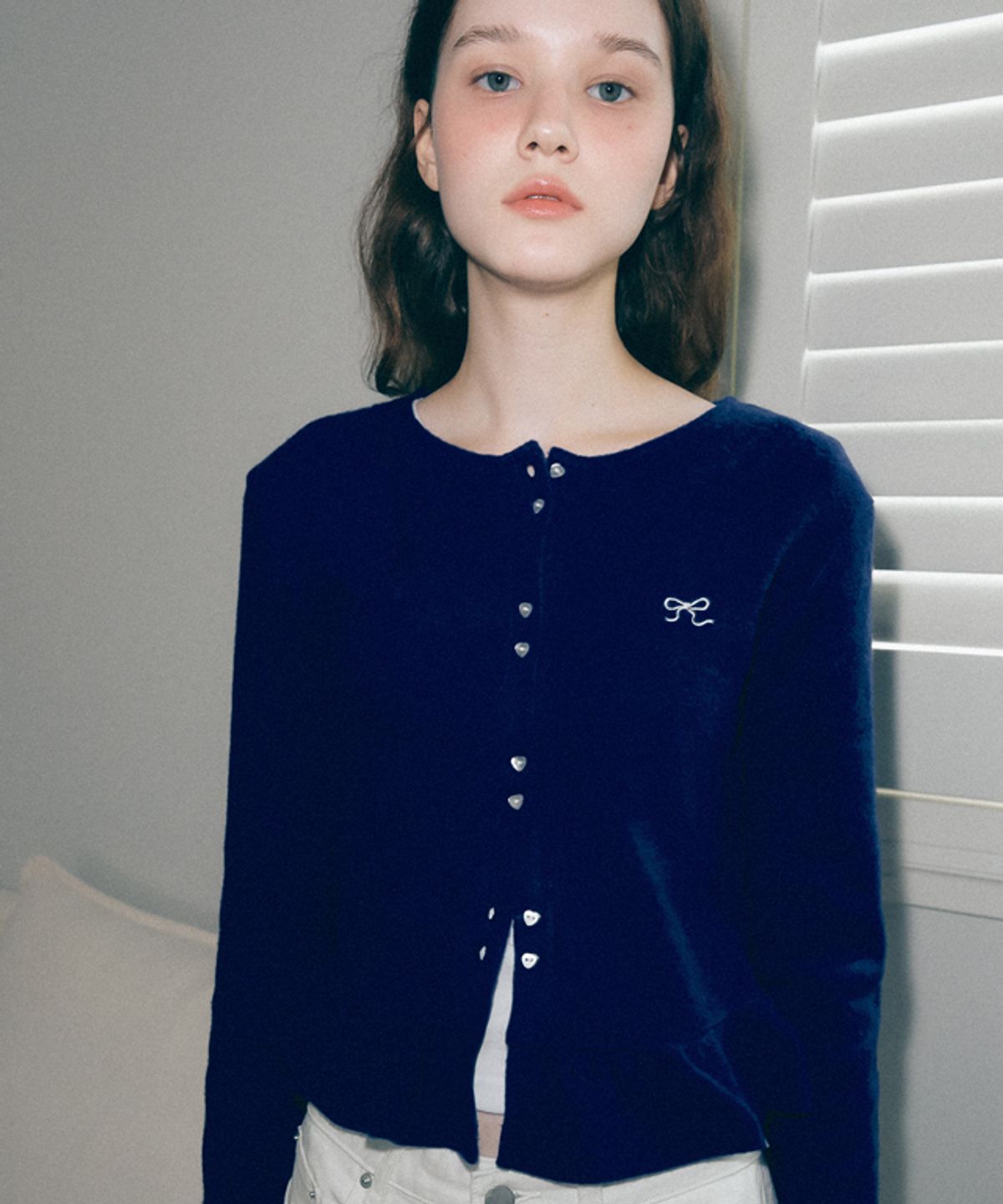 론론(RONRON) DOUBLE HEART BUTTON FRILL ANGORA CARDIGAN BLUE