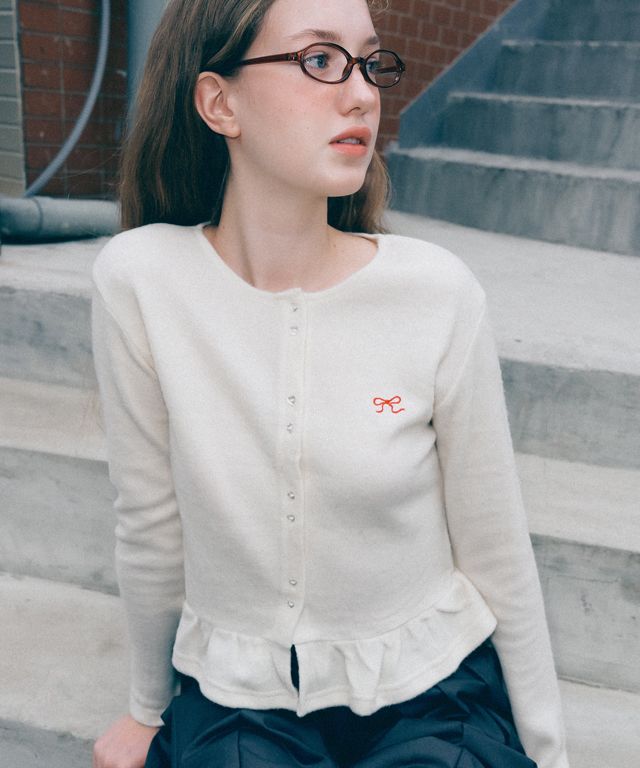 MUSINSA | RONRON DOUBLE HEART BUTTON FRILL ANGORA CARDIGAN CREAM
