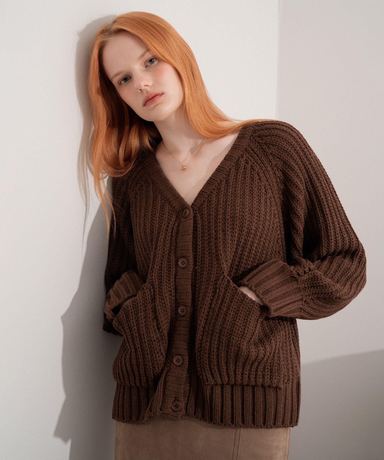 MUSINSA | VLETI Poket Cable Knit Cardigan (Brown)