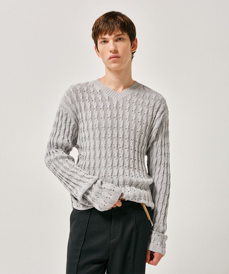 Tobi cable v-neck sweater cement grey