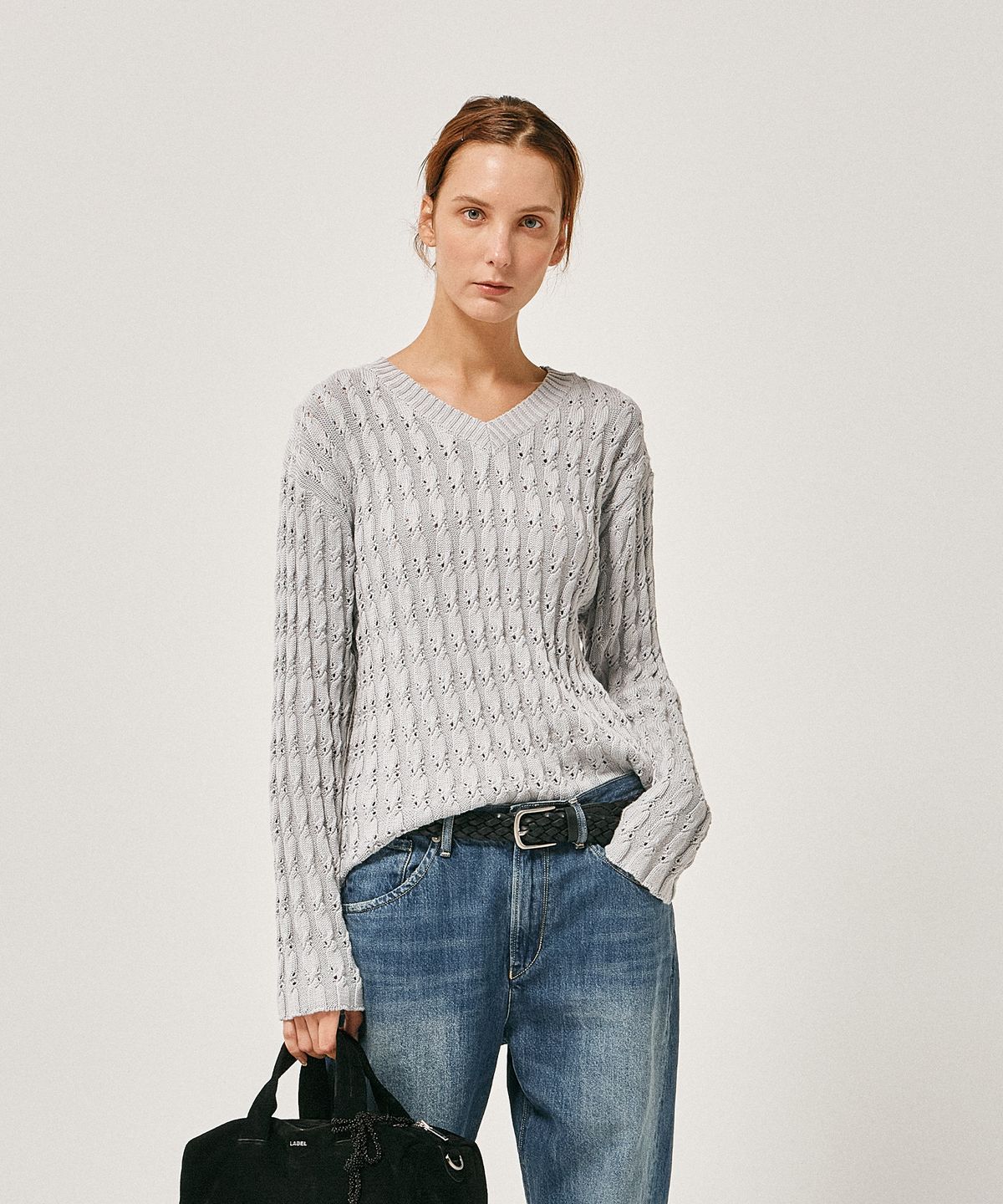라벨아카이브(LABELARCHIVE) W Tobi cable v-neck sweater cement grey