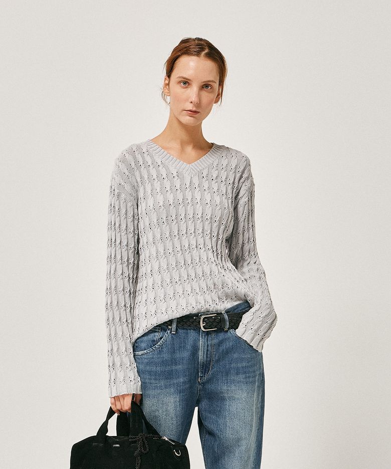 W Tobi cable v-neck sweater cement grey