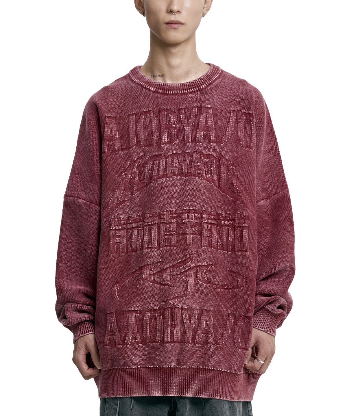 아조바이아조(AJOBYAJO) [PBA] Five AJO Logos Washed Sweater [BURGUNDY]