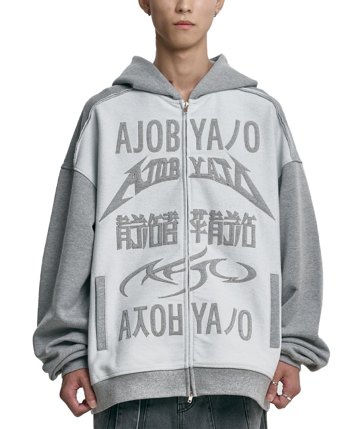 아조바이아조(AJOBYAJO) [PBA] Total Logo Applique Zip-Up Hoodie [MELANGE GREY ...
