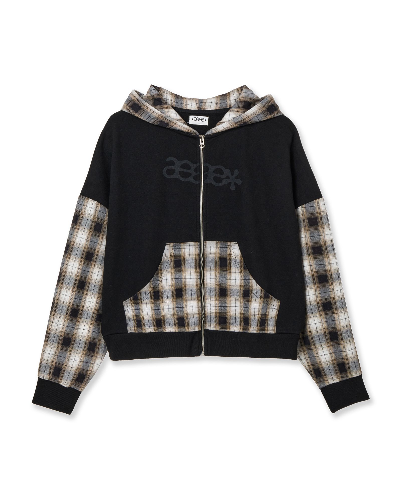 MUSINSA | AEAE CHECK PATCHWORK HOOD ZIP-UP [BLACK]