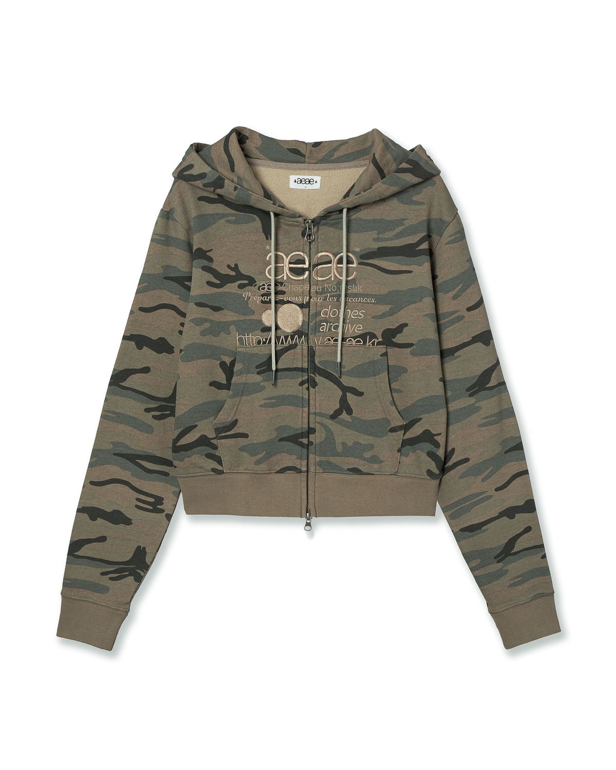 에이이에이이(AEAE) WEB LOGO CROP HOOD ZIP UP [CAMO BEIGE]