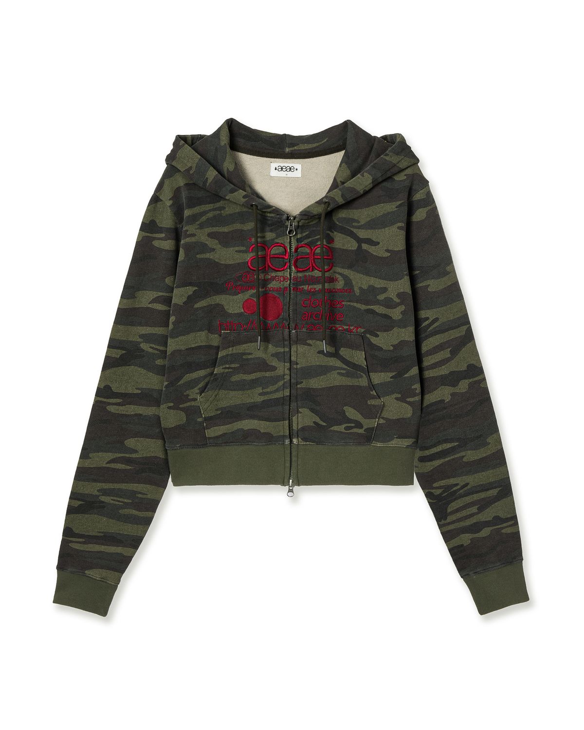 에이이에이이(AEAE) WEB LOGO CROP HOOD ZIP UP [CAMO GREEN]