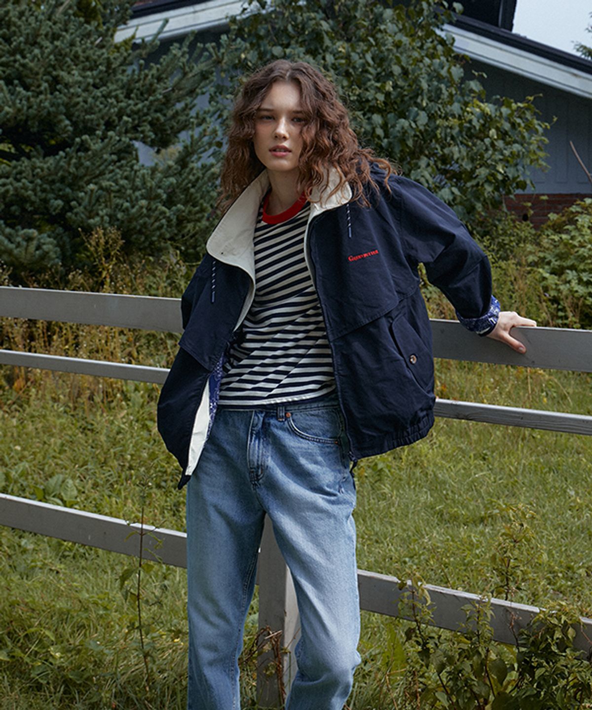 그린버터(GREENBUTTER) Cotton Layered Trucker Jacket (Navy)