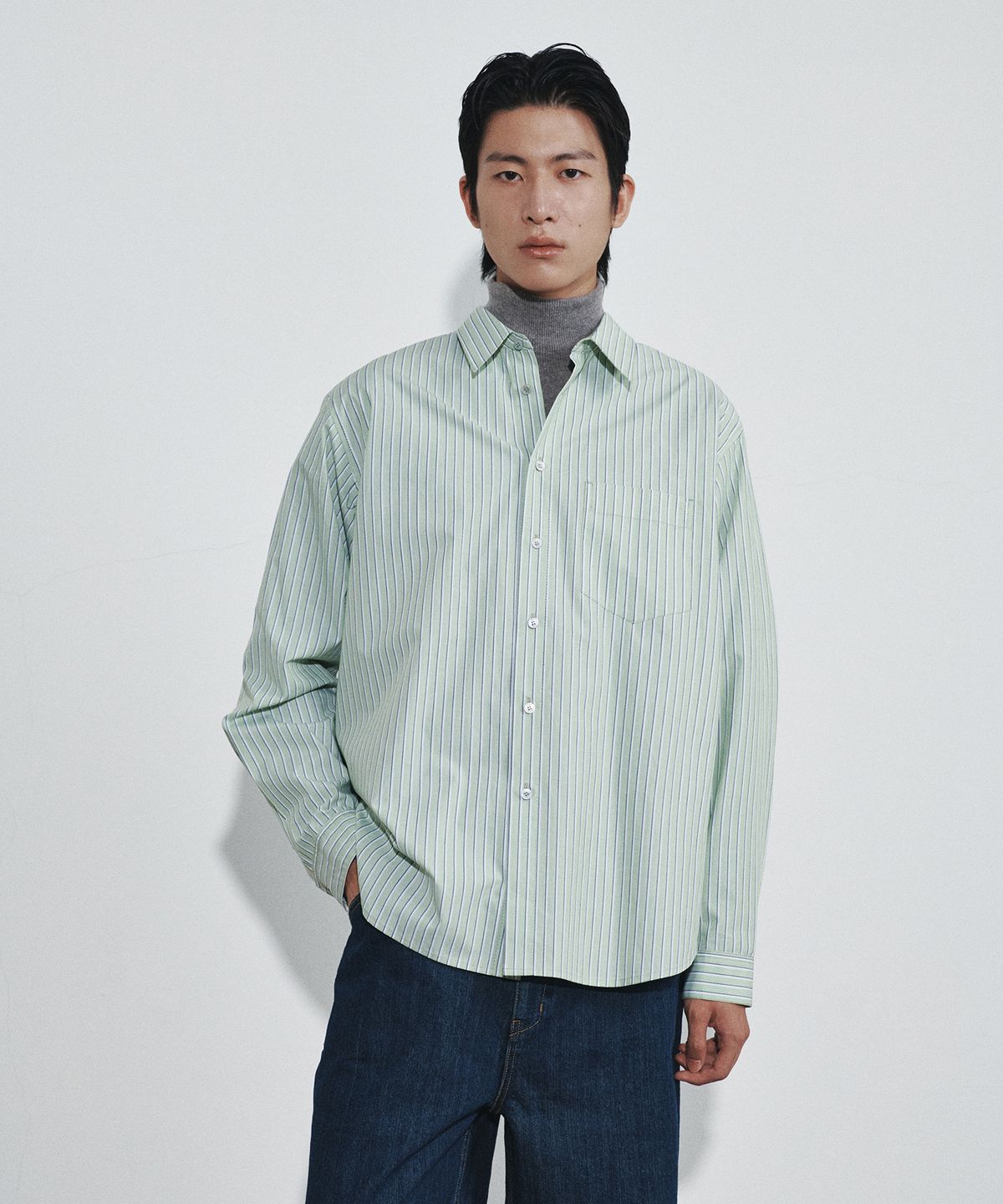 호이테(HEUTE) REGULAR COLLAR COTTON STRIPE SHIRT (GREEN BEANS)