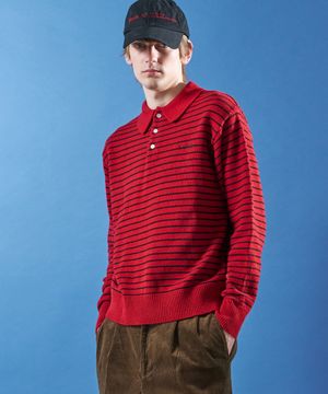02 M.C UNISEX, Stripe Wool Collar Knit / Deep Red