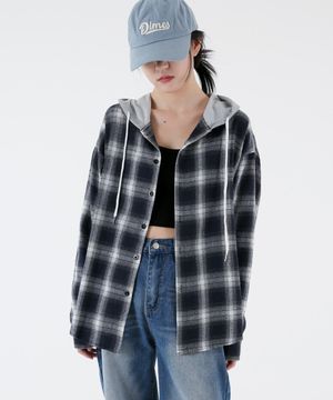 여자 플란넬 오버핏 체크후드셔츠 자켓