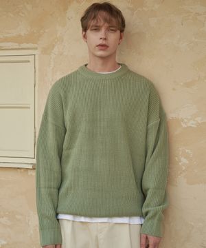 펀칭 라운드넥 오버핏 니트 올리브