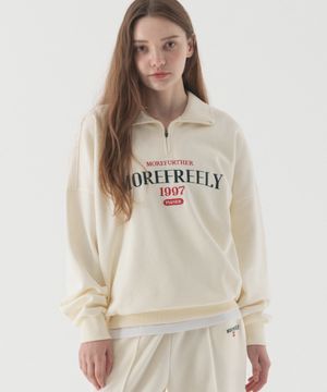 슬로건 오버핏 반집업 맨투맨 (크림)