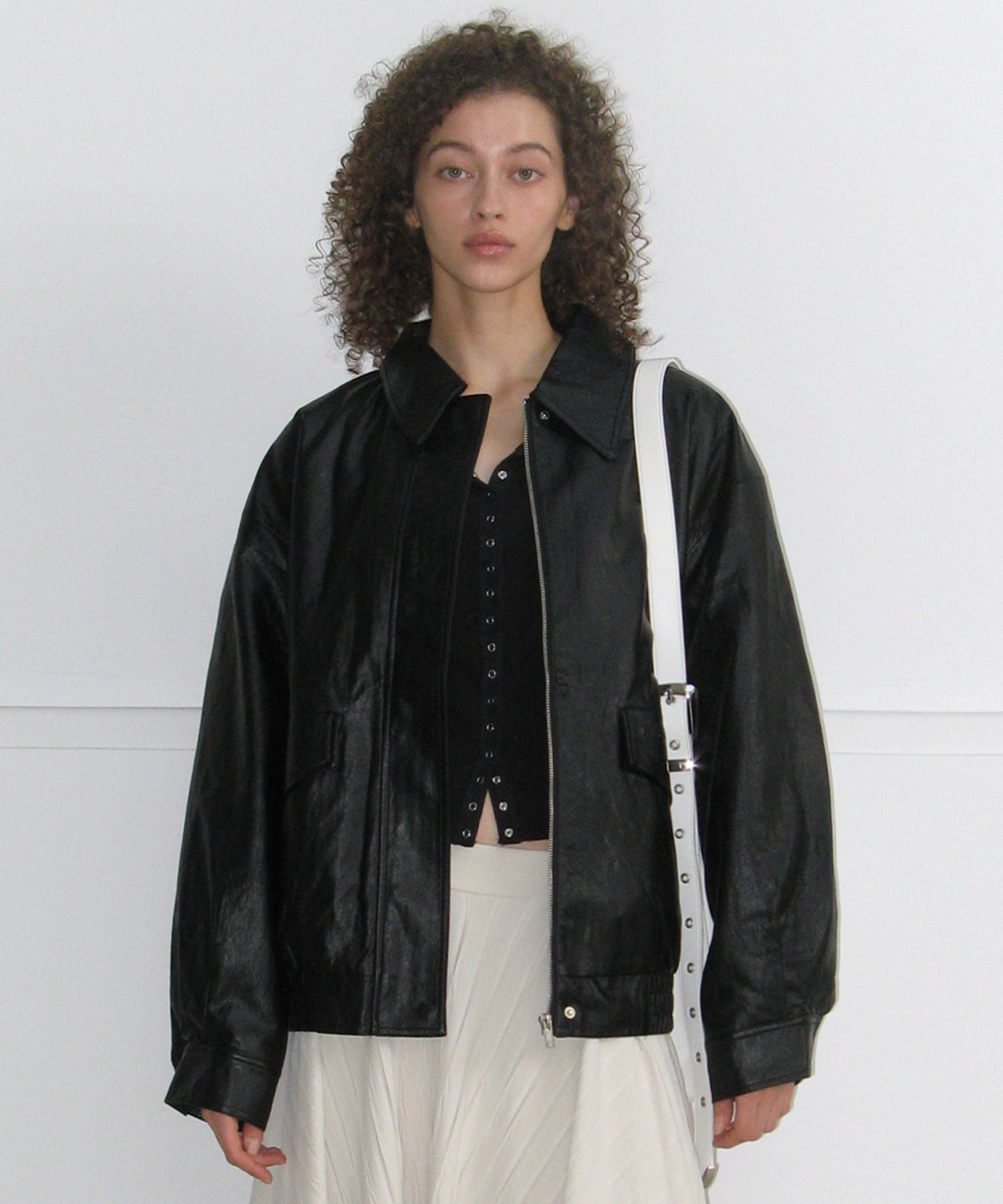 【INCHANT ME】Crocker Glossy Leather Overfit Blouson unisex] Mink Leather Overfit Mustang (2C) - INCHANT ME