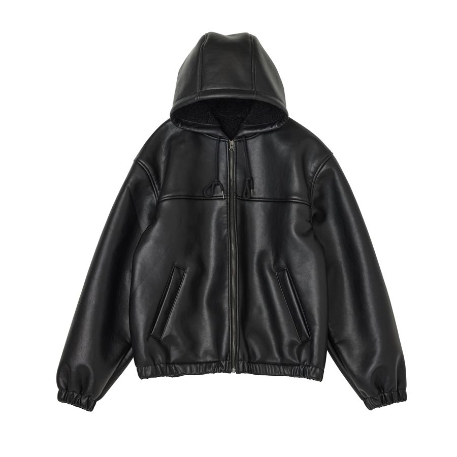 MUSINSA | MARKM SHEARLING LEATHER HOODIE JACKET-BLACK
