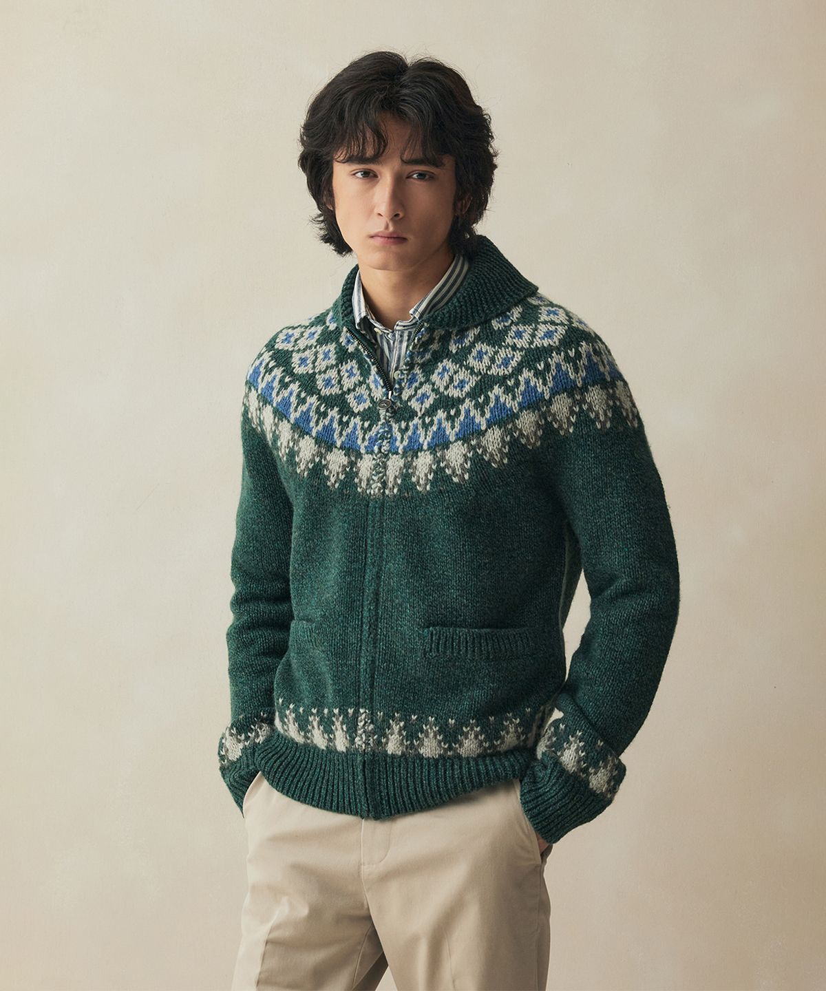 브룩스 브라더스(BROOKS BROTHERS) 아카이브 울 스키 코위찬 풀집스웨터 (그린) (BBWWMM3881JEW)