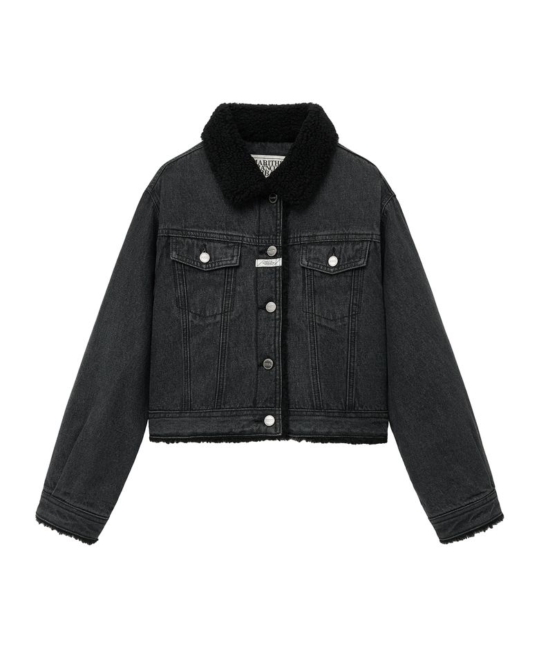 W CROP SHEARLING DENIM JACKET black