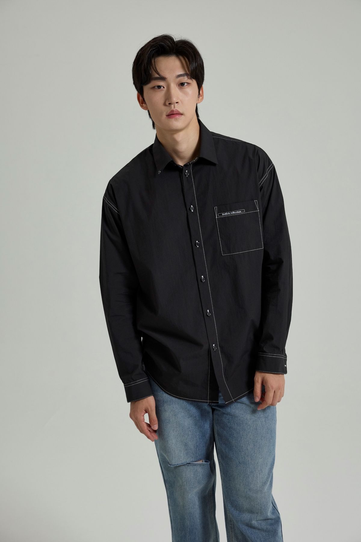 셀피시어펙션(SELFISHAFFECTION) Contrast Stitch Oversized Shirt (Black)