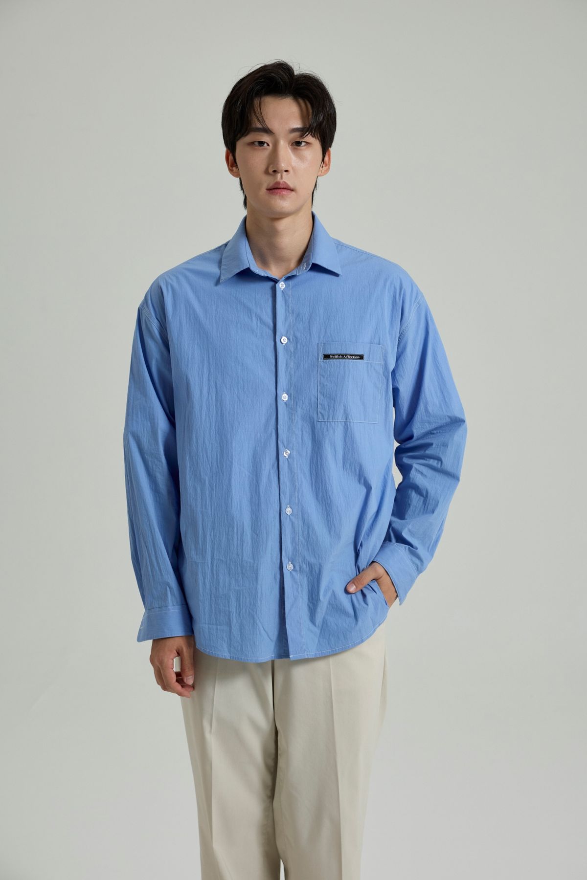 셀피시어펙션(SELFISHAFFECTION) Contrast Stitch Oversized Shirt (Blue)