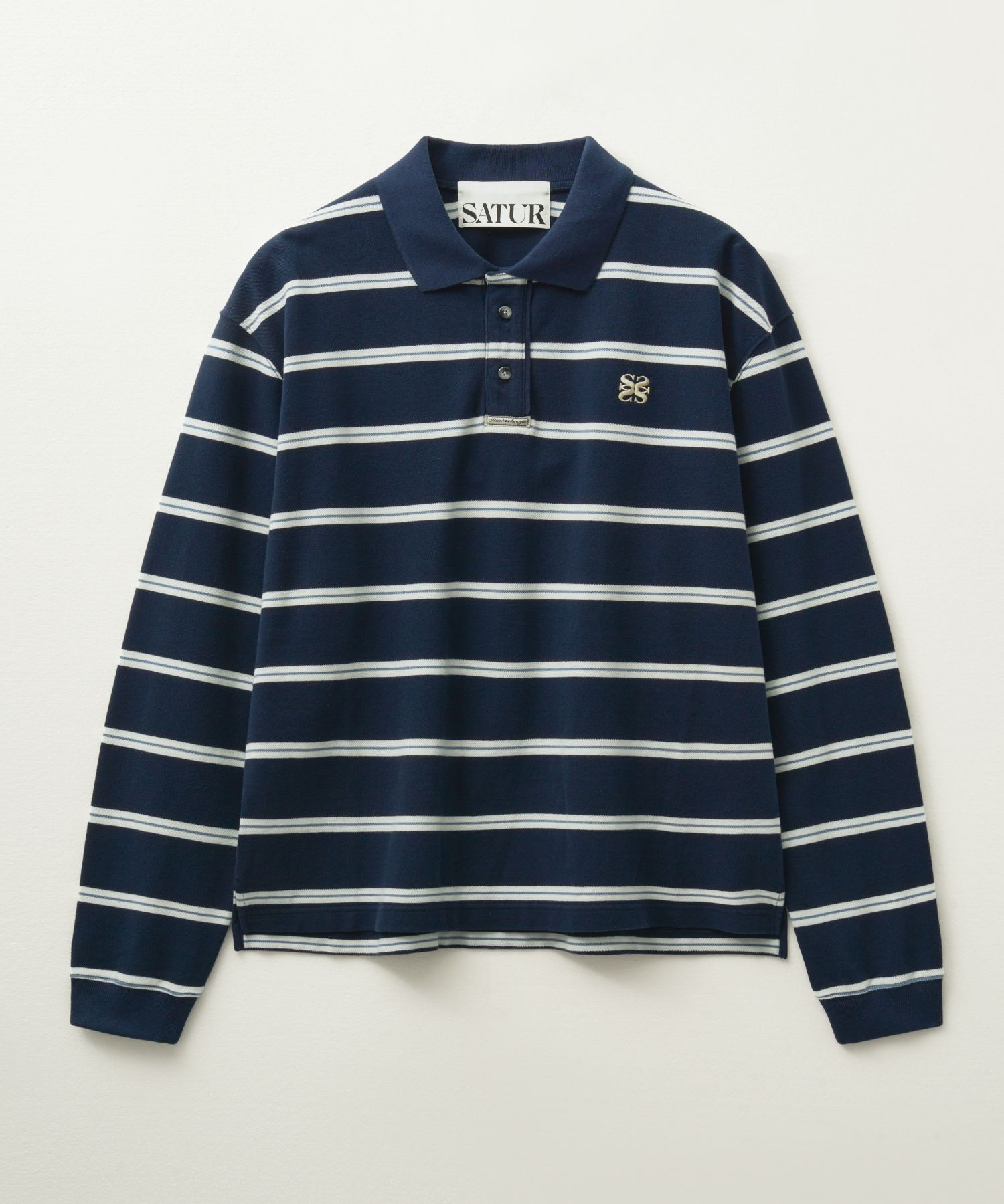 【SATUR】人気 / 男女兼用 ★ Stripe Pique Polo Long Sleeve ★ MUSINSA | SATUR Striped Pique Polo Long Sleeve Navy