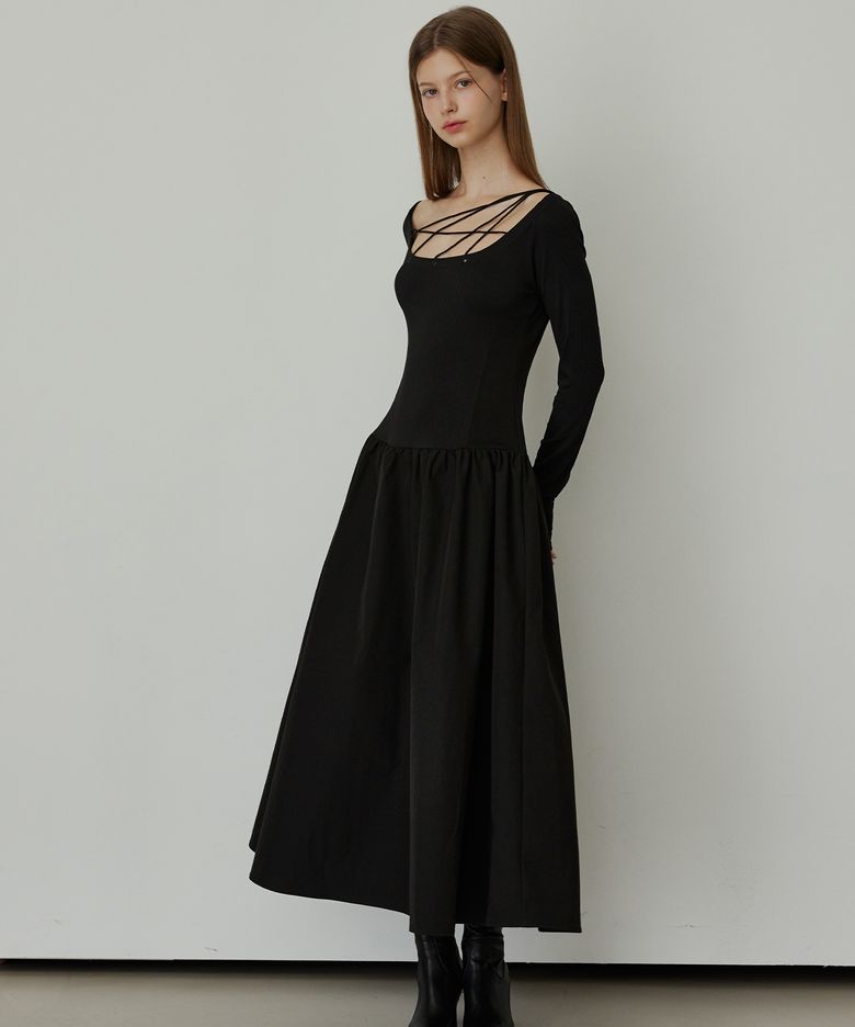 String Waist Stitch Long Dress - BLACK