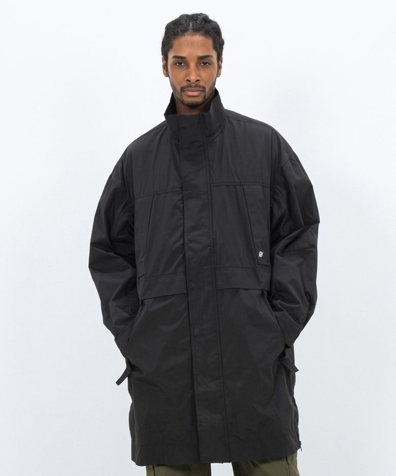 Poly Cotton RIB Double Placket Long-Jacket - BLACK