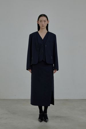 Slit Long Suit Skirt - Navy