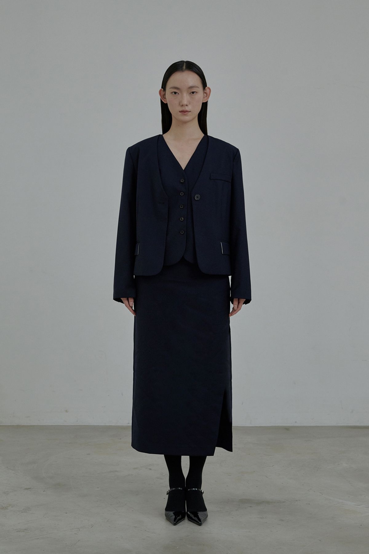 마우솔레움(MAU SOLEUM) Slit Long Suit Skirt - Navy