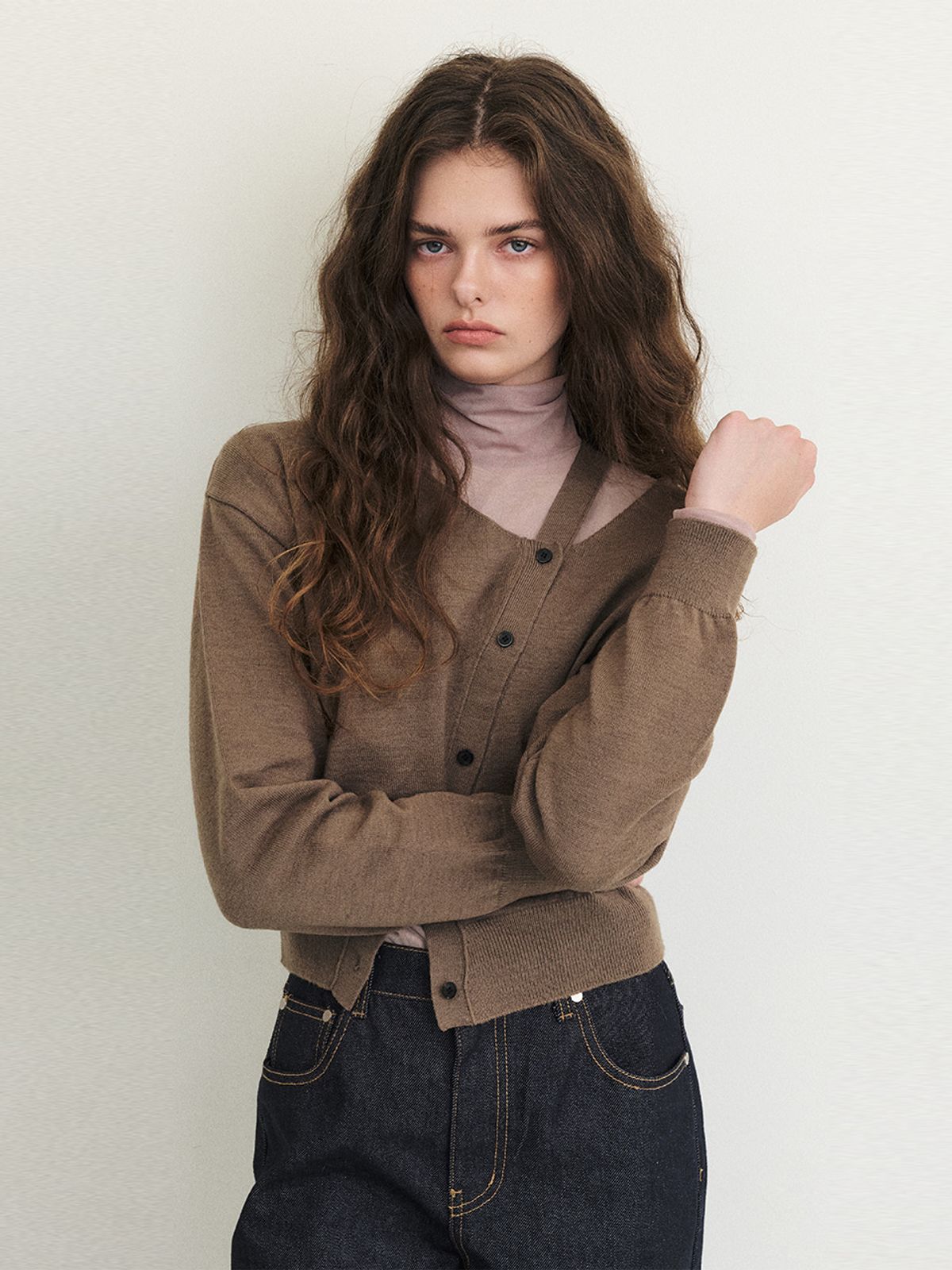 에트몽(ETMON) Cut-Out Diagonal Knit Cardigan, Mocha Beige