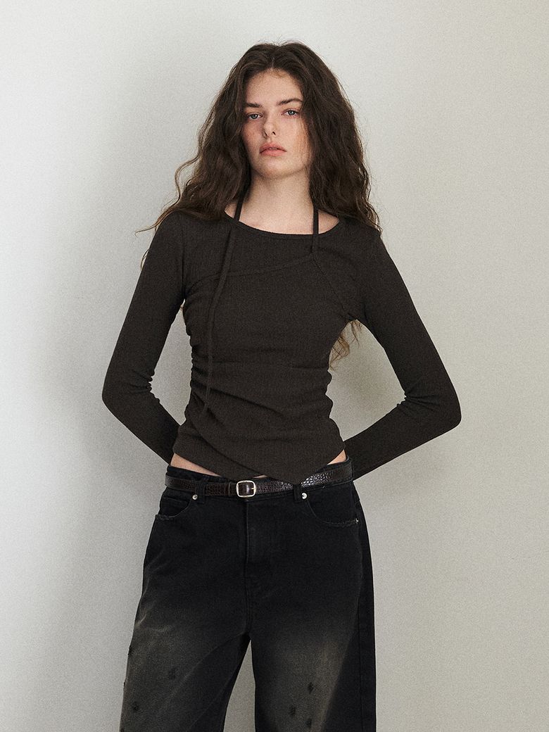 Layered Halter Strap T-Shirt, Brown