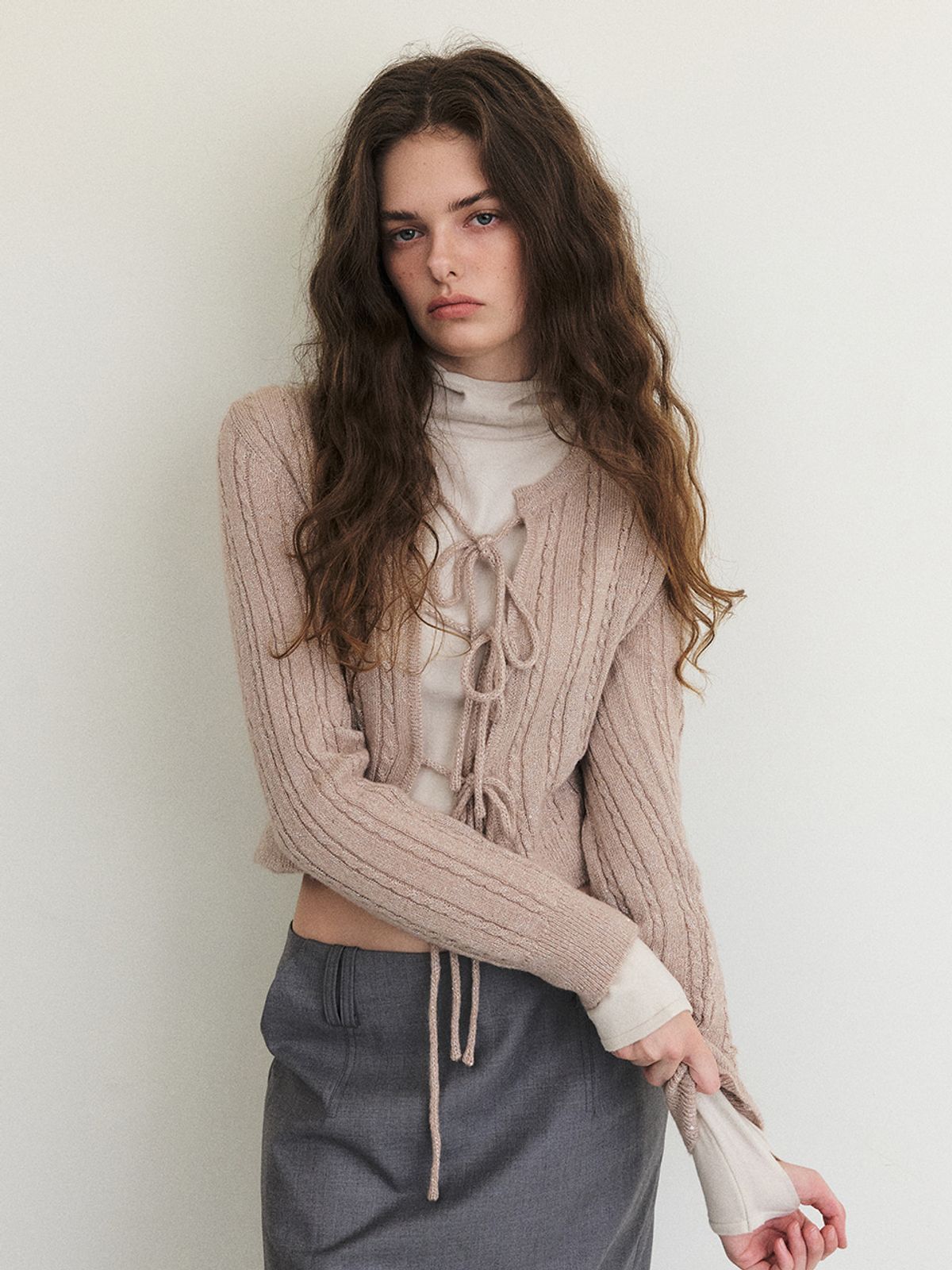 에트몽(ETMON) Cable Ribbon Knit Cardigan, Light Pink