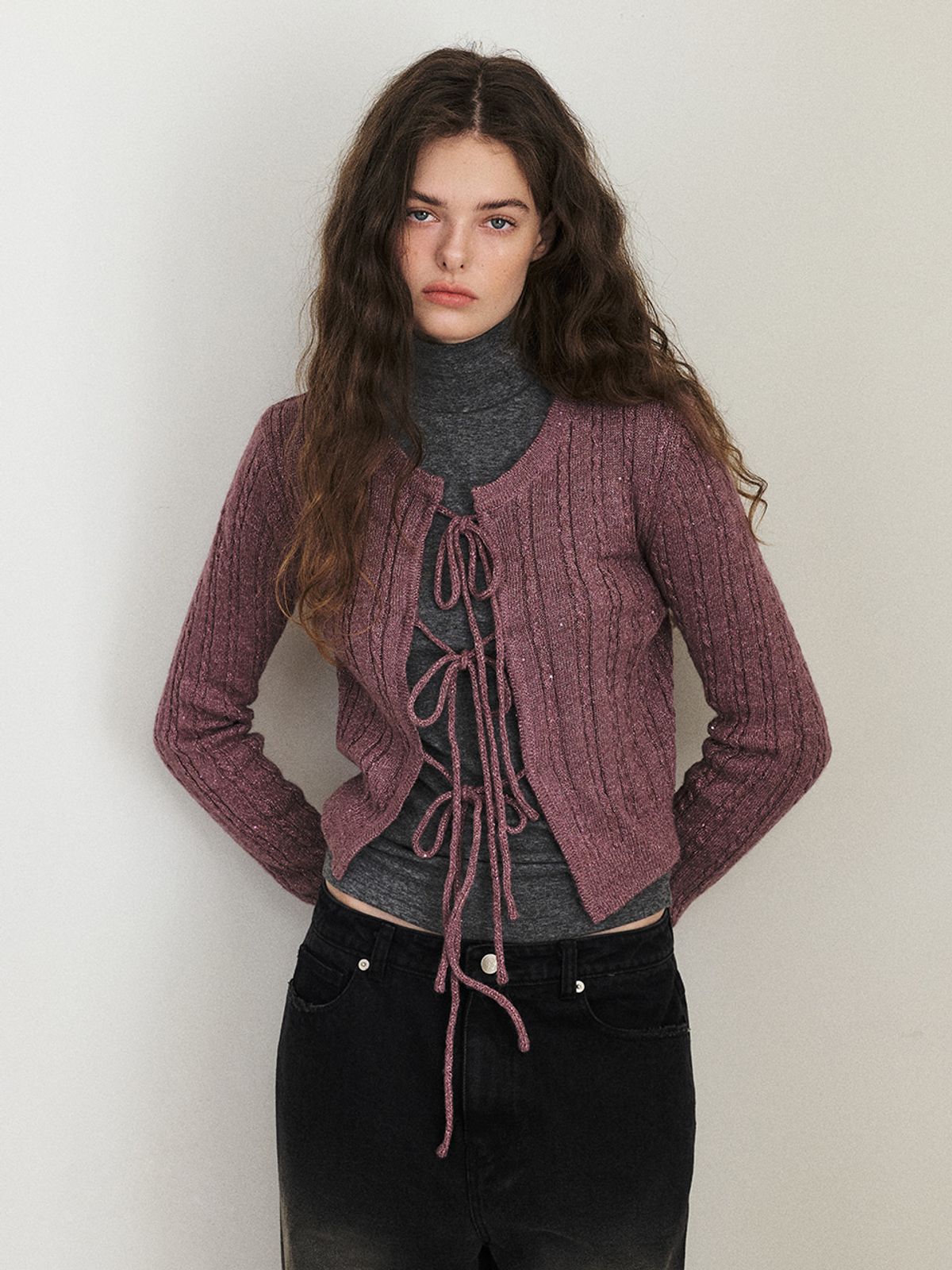 에트몽(ETMON) Cable Ribbon Knit Cardigan, Purple