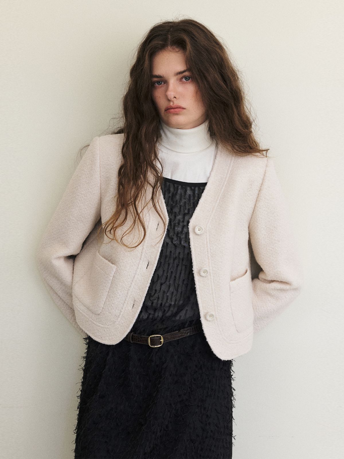 에트몽(ETMON) Curved Boucle Tweed Jacket, Ivory