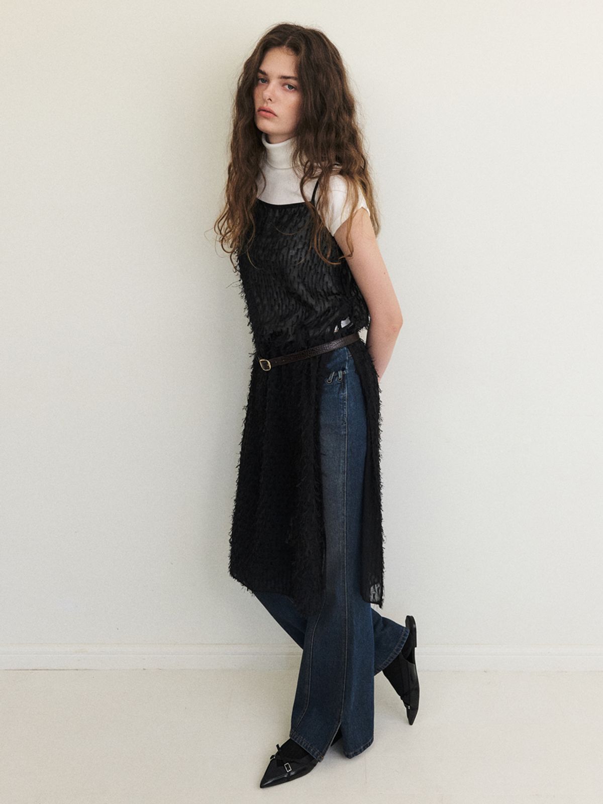 에트몽(ETMON) Fringe Lace Slip Dress, Black