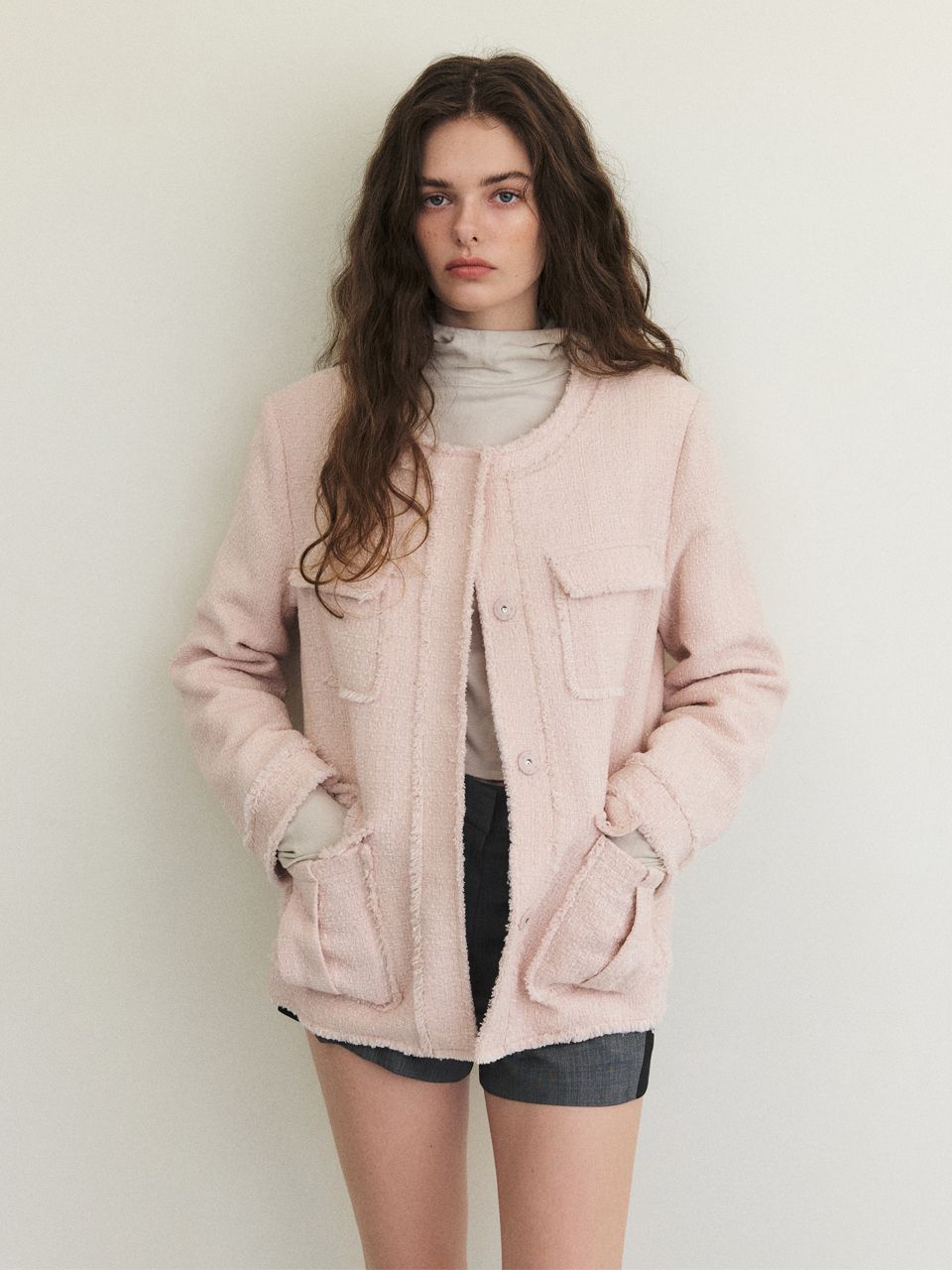 MUSINSA | ETMON Cut-Off Pocket Tweed Jacket, Light Pink